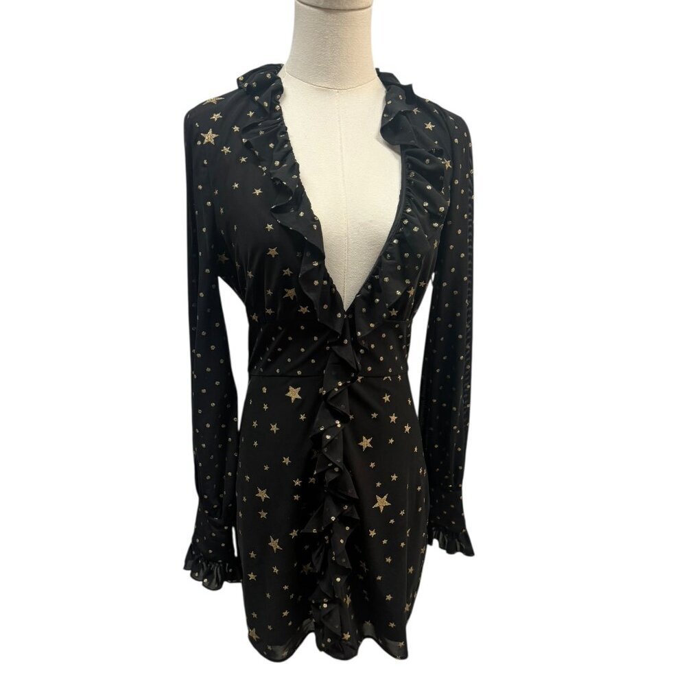 Lovers + Friends Black Sheer Star Print Ruffle Dress – Size Small – NWOT
